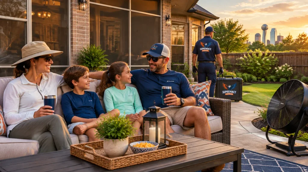 Family enjoying a North Texas backyard with outdoor fan and mosquito prevention measures