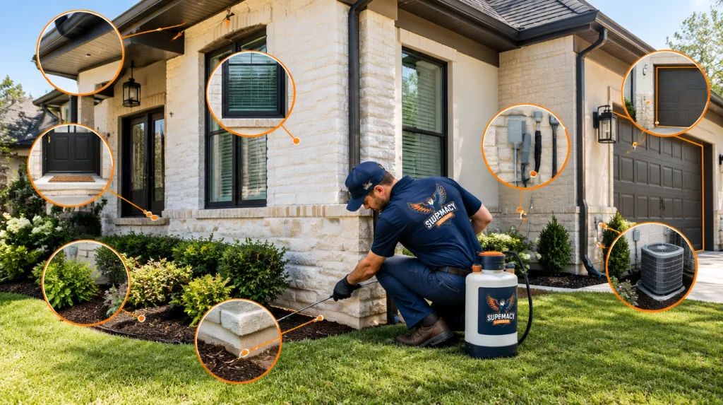 Pest control technician treating exterior pest entry points around a Dallas home