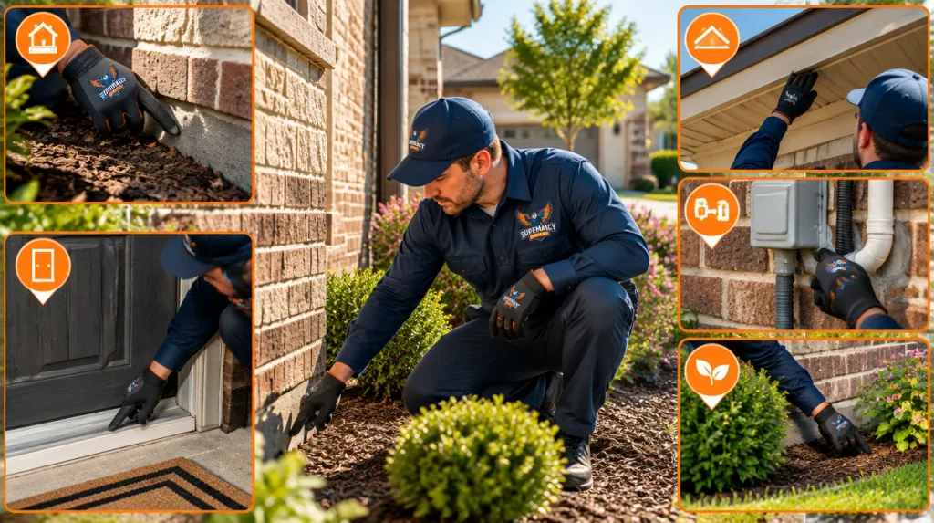 Pest control technician checking a North Texas home's foundation, doorway and utility penetrations for pest entry points.