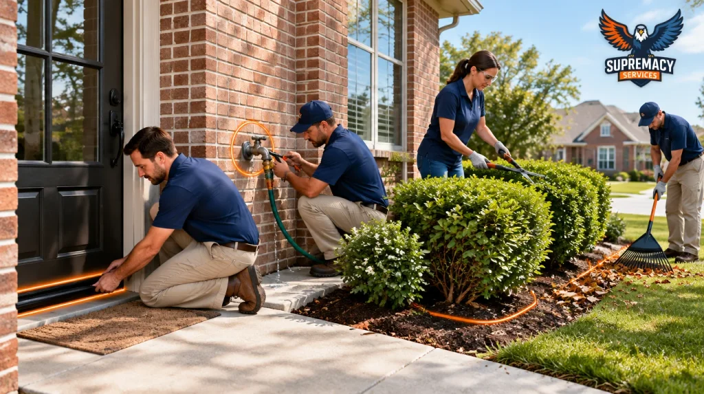 North Texas home showing pest prevention measures including sealing door gaps, fixing water leaks, trimming shrubs and clearing debris
