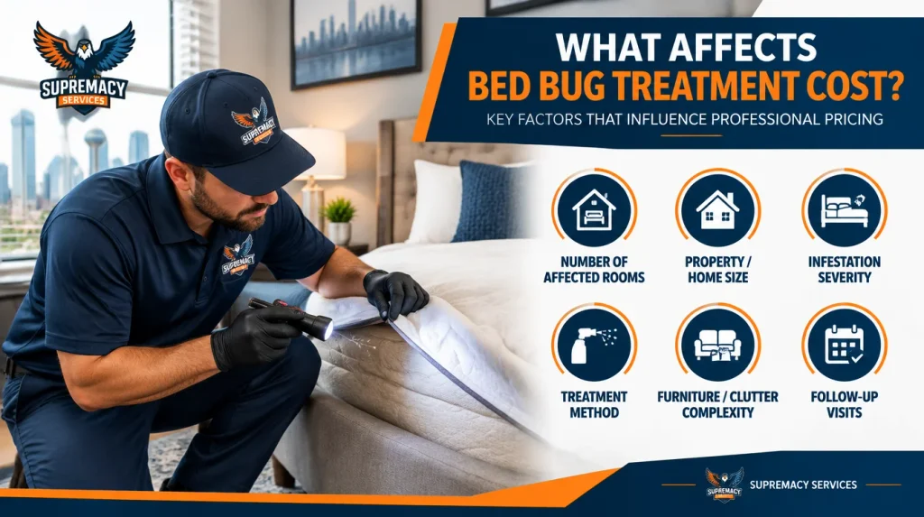 Bed bug treatment cost factors including affected rooms, home size, infestation severity, treatment method and follow-up