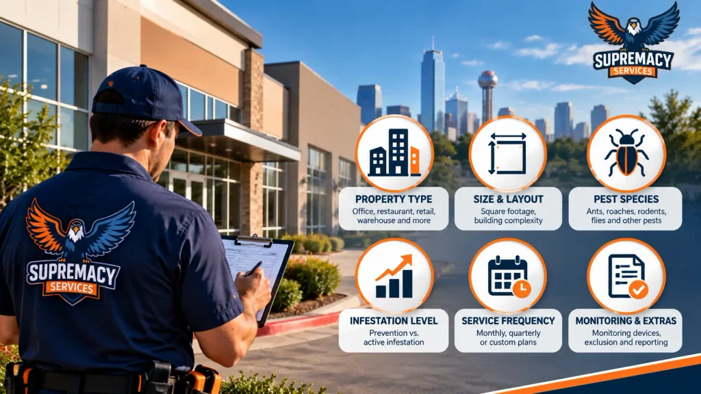 Commercial pest-control pricing factors including property type, building size, pest species, infestation level, service frequency and monitoring