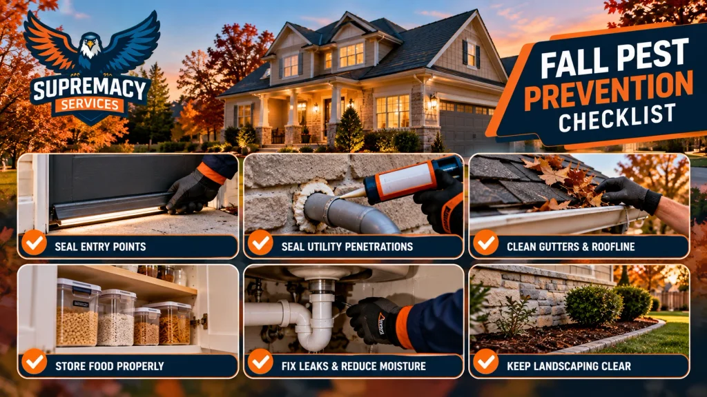 Fall home pest-prevention checklist showing entry-point sealing, moisture control, food storage, gutter cleaning and landscaping maintenance.
