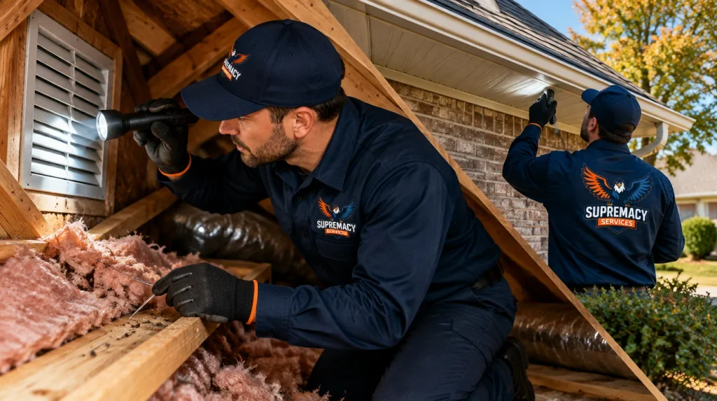 Supremacy Services technician inspecting an attic vent, soffit and roofline for possible rodent entry points