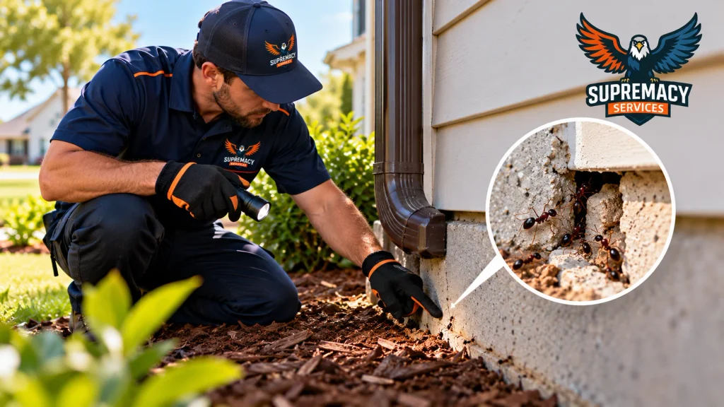 Pest control technician inspecting an ant trail entering through a foundation gap