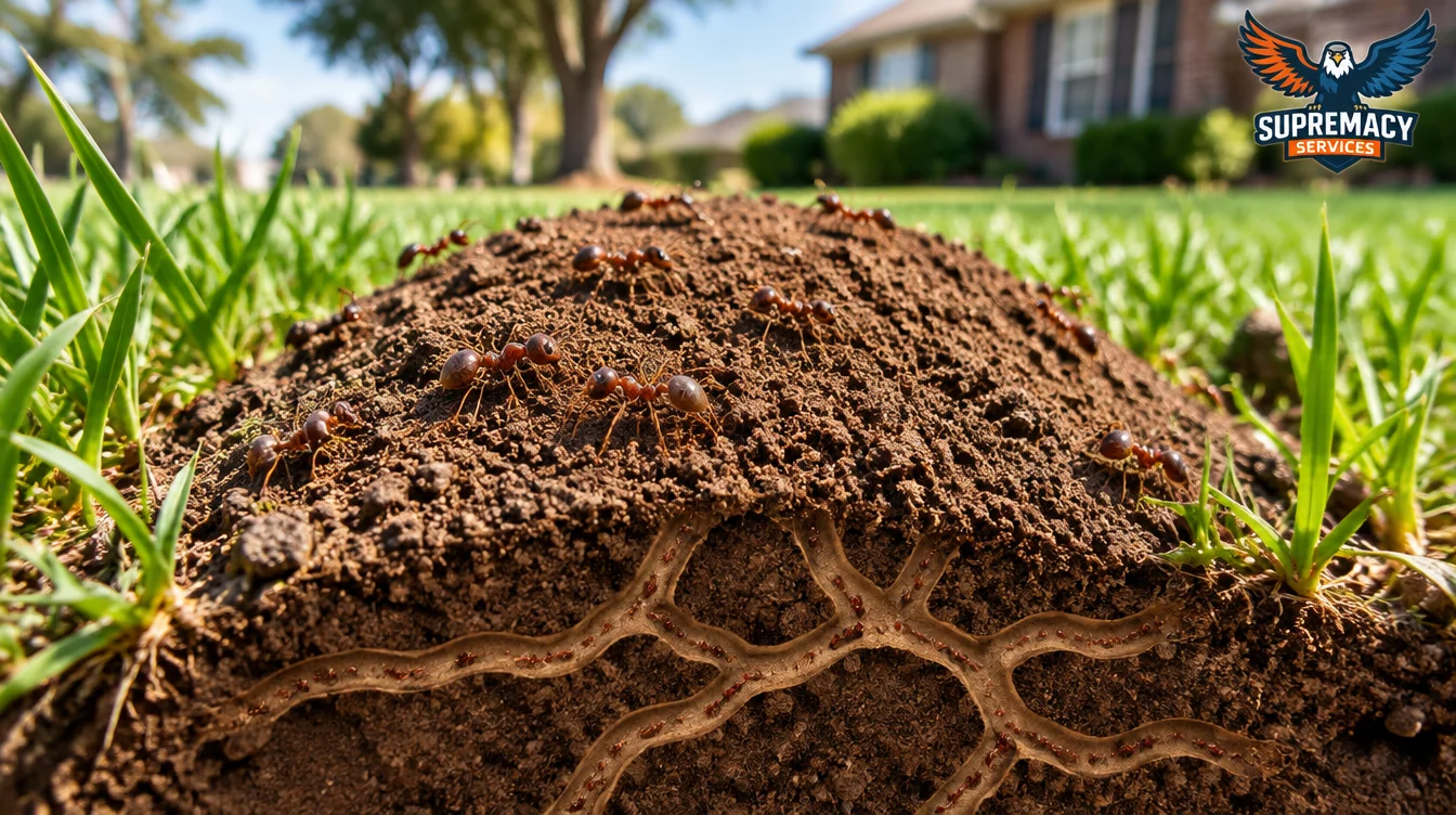 Pest control technician inspecting a fire ant mound in a North Texas lawn.