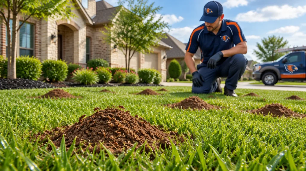 Fresh fire ant mounds appearing across a North Texas residential lawn after rainfall.