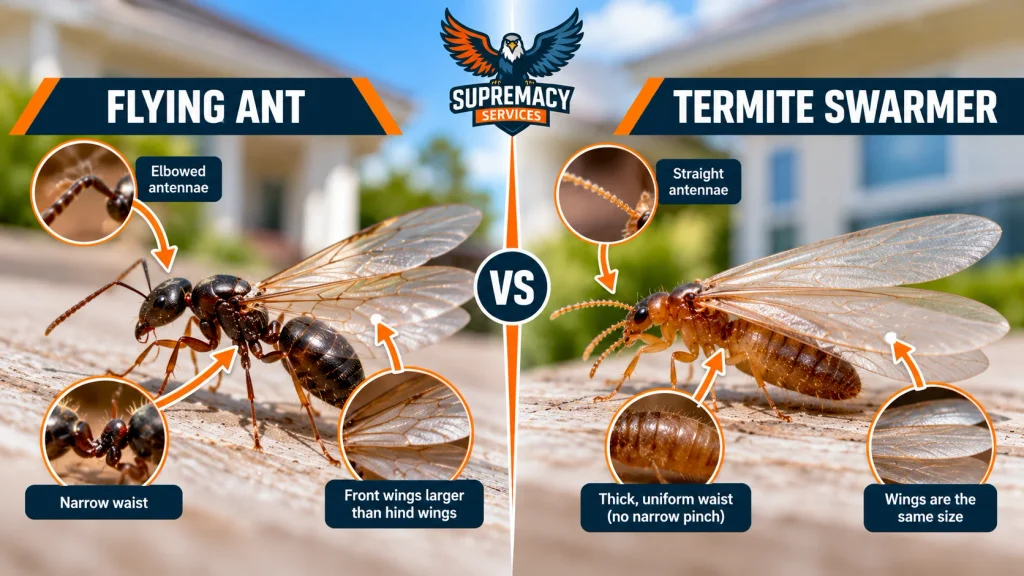 Flying ant and termite swarmer comparison showing differences in antennae, waist and wings