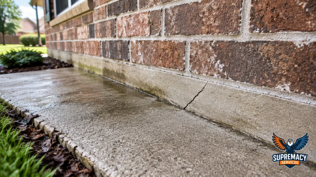 Close-up of a small crack along the concrete slab foundation of a brick home in Dallas, Texas.