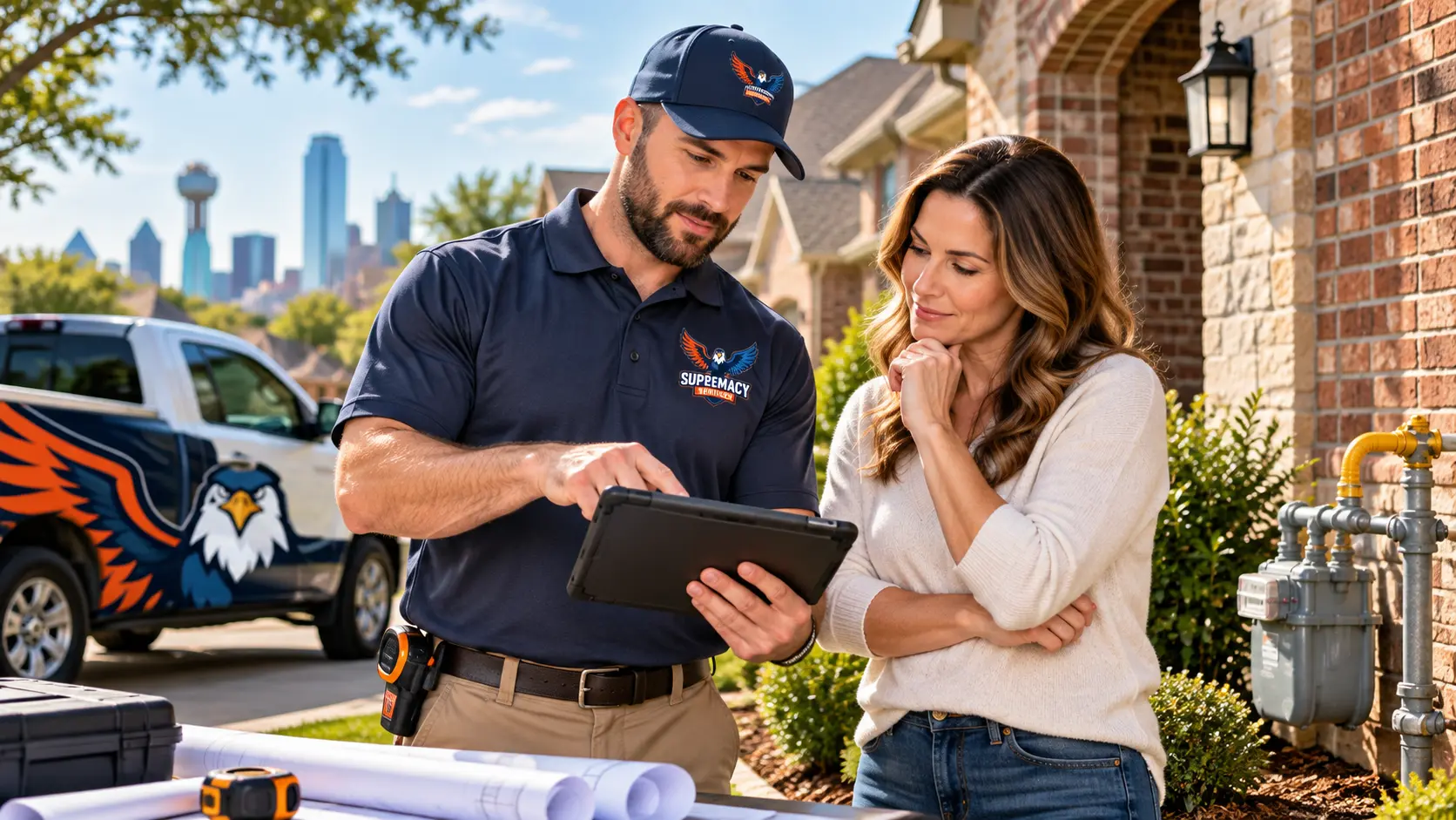 Supremacy Services technician reviewing a residential gas-line project with a homeowner outside a Dallas-area home.