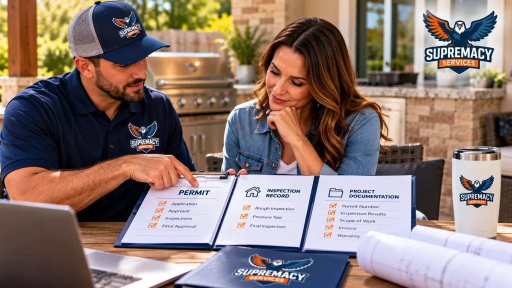 Supremacy Services technician and homeowner reviewing permit, inspection and gas-line project documentation.