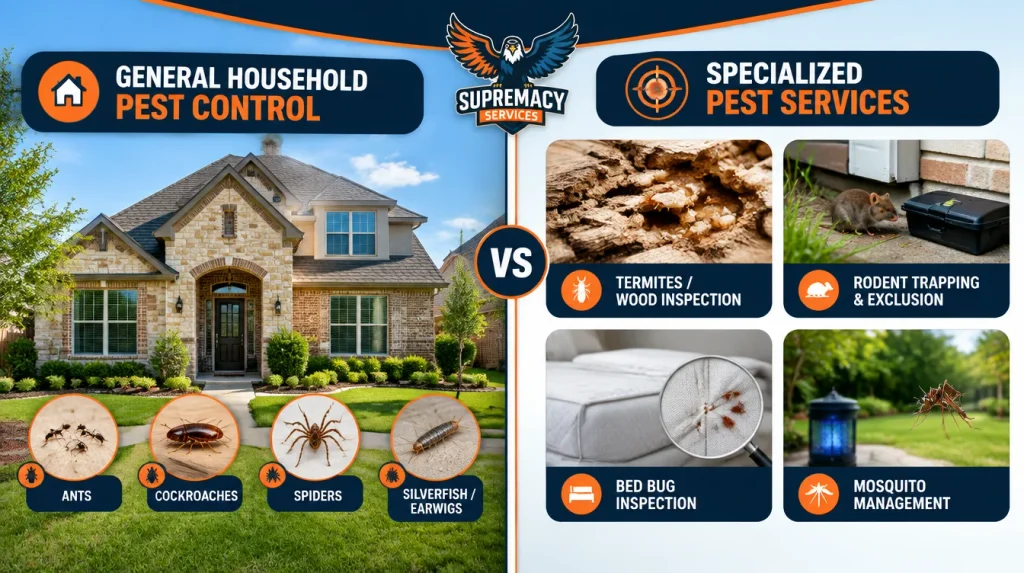 General household pests compared with termites, rodents, bed bugs and mosquitoes that may require specialized pest-control services.