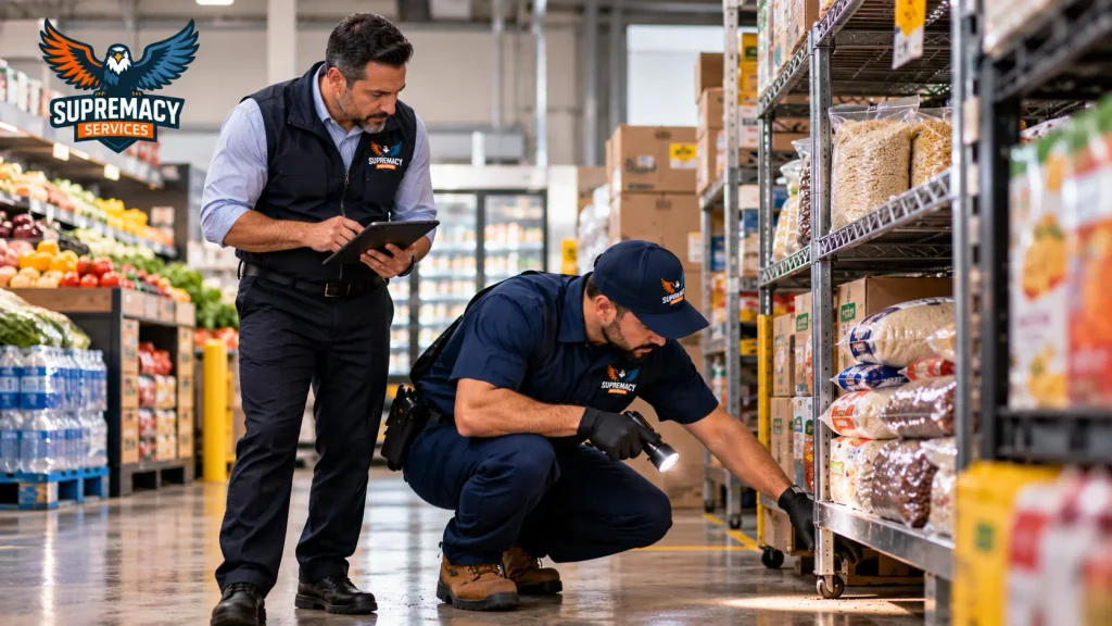 Supremacy Services technician inspecting grocery store shelving and food storage for pest activity