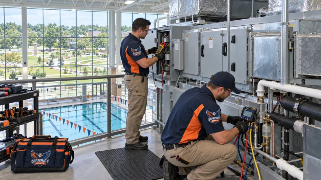 technicians servicing a large natatorium dehumidification system above an indoor community pool