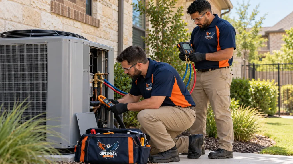Male Supremacy technician actively inspecting condenser/equipment in Dallas, Texas