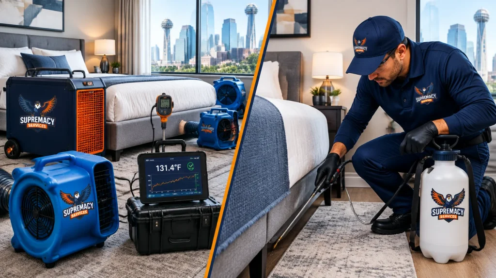 Professional heat treatment and targeted pesticide treatment for bed bugs in a residential bedroom