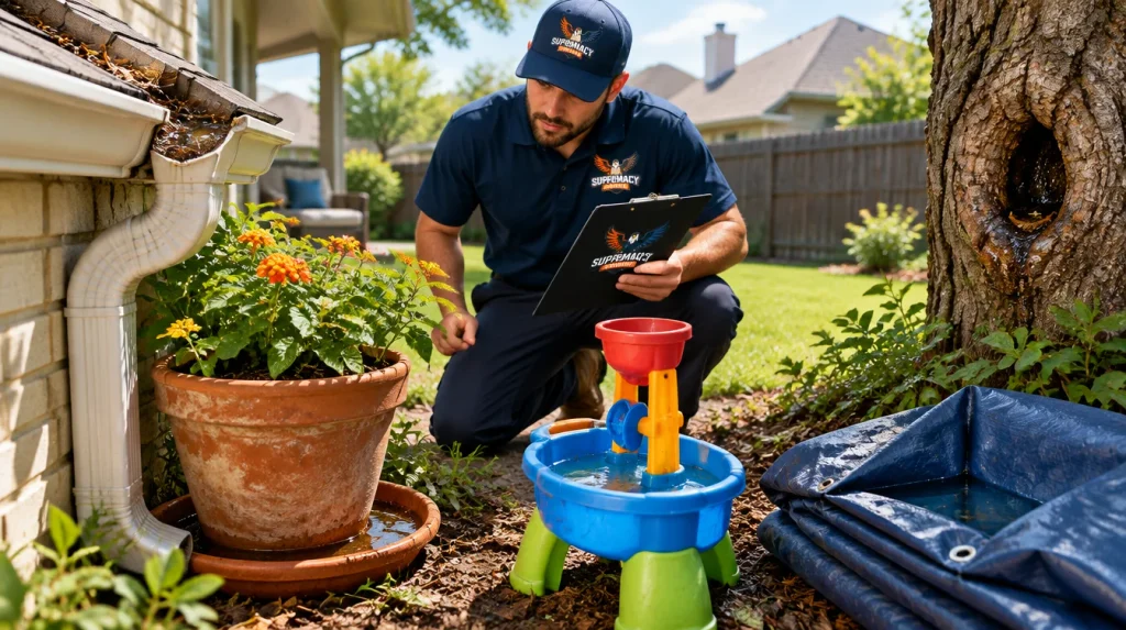 Hidden mosquito breeding sites including gutters, plant saucers, outdoor toys and small water pockets