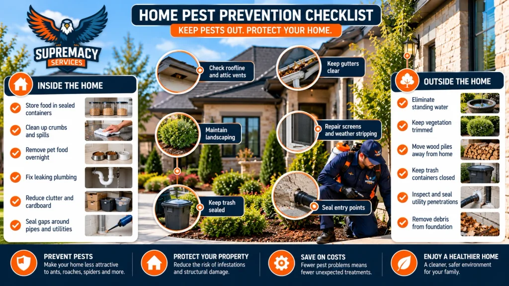 Home pest prevention checklist showing sealed entry points, trimmed vegetation, clear gutters and reduced indoor food and moisture sources
