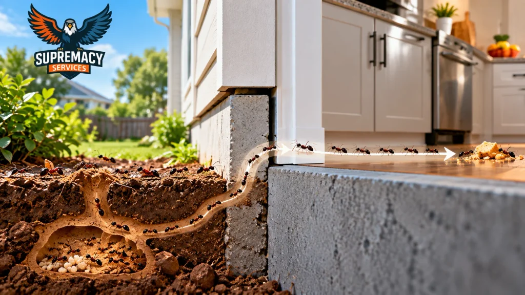 Ants traveling from an outdoor colony through a foundation gap into a home