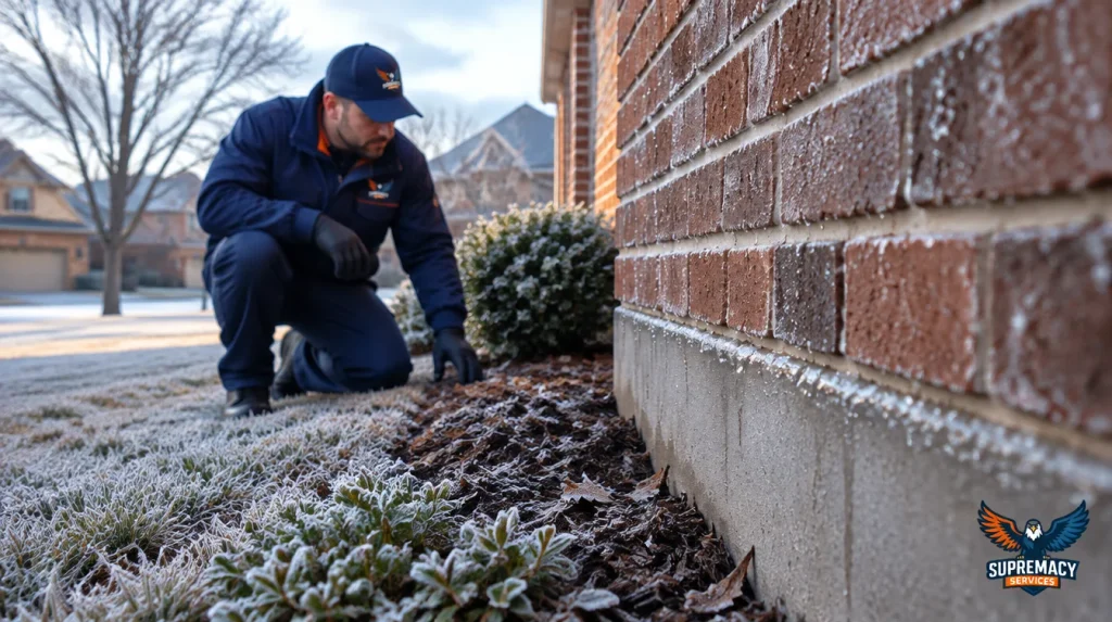 Dallas home foundation with light winter frost and moisture as a pest control technician inspects exterior treatment conditions.