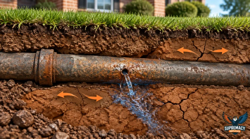 Underground corroded water supply pipe leaking into clay soil, illustrating possible causes of main water line damage in Dallas.