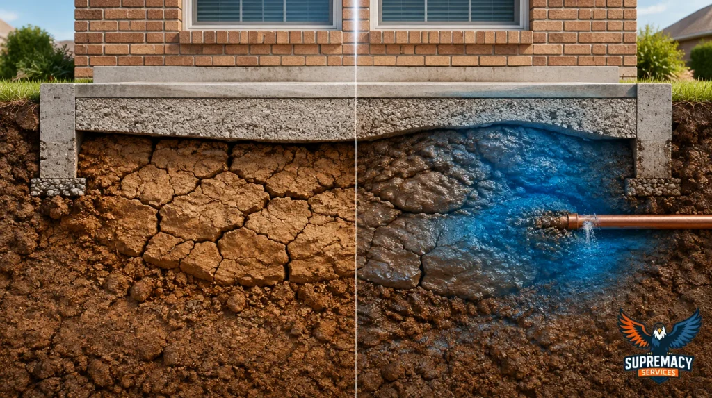 Side-by-side cross-section comparing dry, shrinking clay soil and wet, expanding clay beneath a concrete slab foundation.