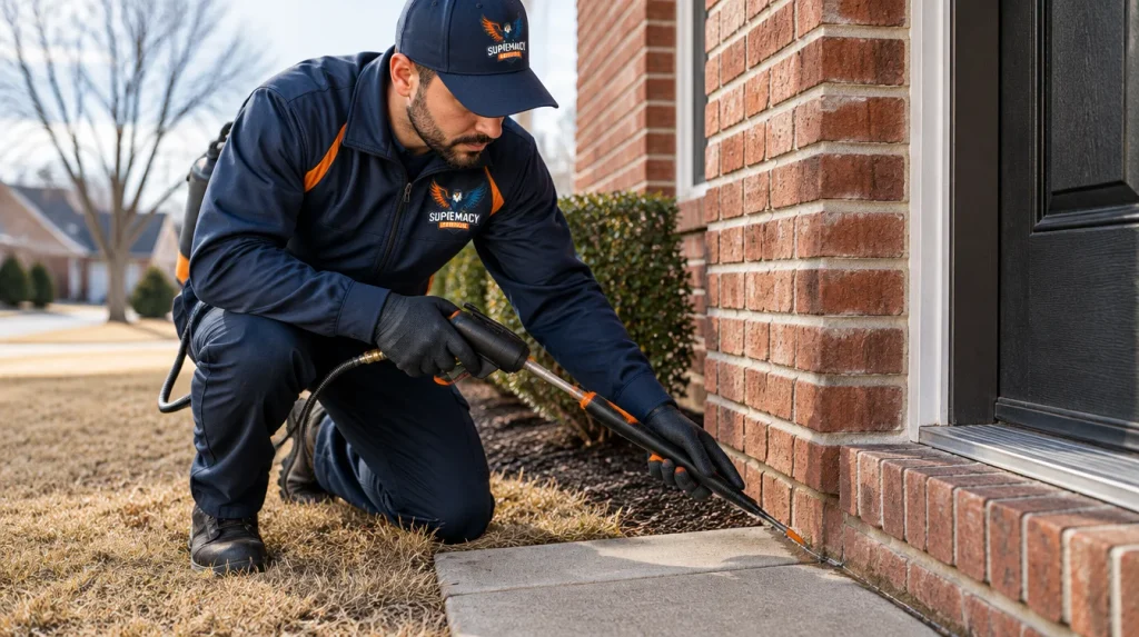 Pest control technician applying targeted exterior perimeter treatment along a brick foundation at a Dallas home.