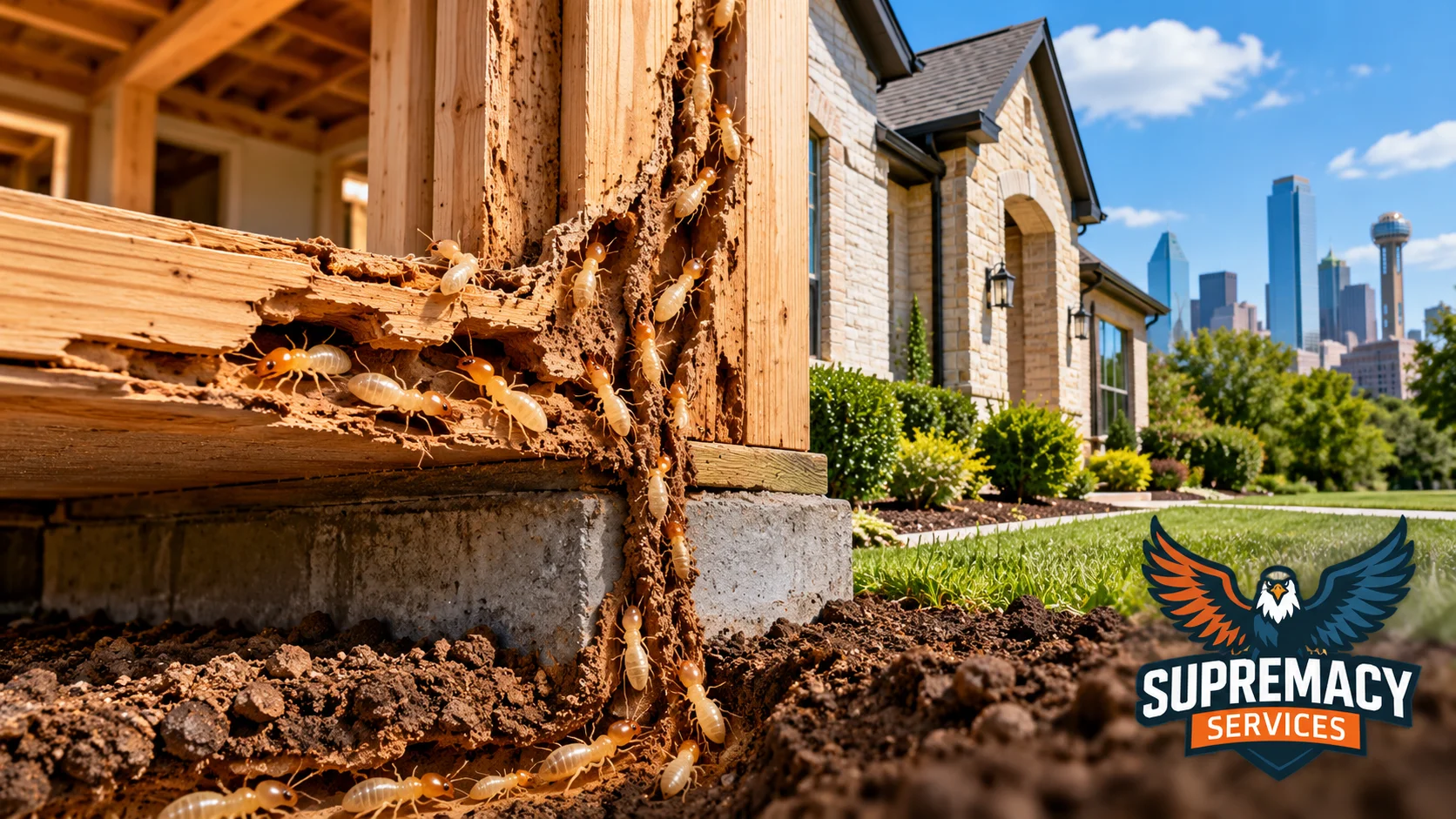 Cutaway view of subterranean termites damaging wood framing in a Dallas-area home