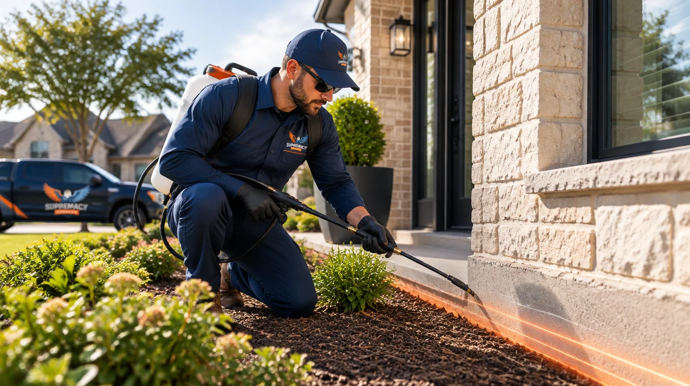 Pest control technician inspecting the exterior foundation of a Dallas-area home.