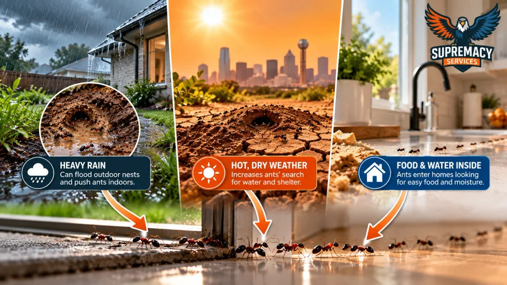 Heavy rain and hot dry weather contributing to ants moving toward a North Texas home