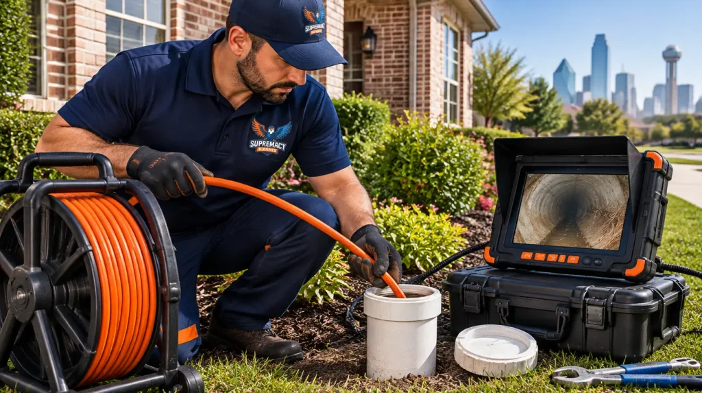 Dallas plumber inserting a flexible sewer inspection camera cable through an outdoor sewer cleanout to inspect an underground pipe.