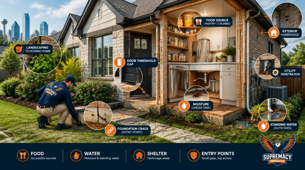North Texas home showing common pest entry points, food, moisture and shelter conditions