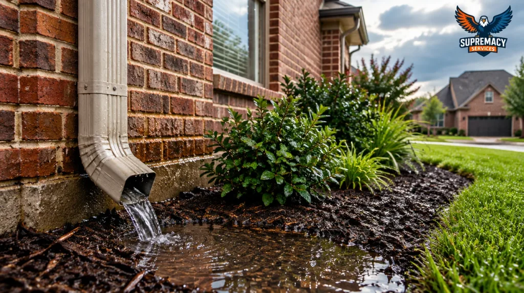 Wet brick foundation, downspout drainage and damp landscaping around a Dallas home after rainfall.