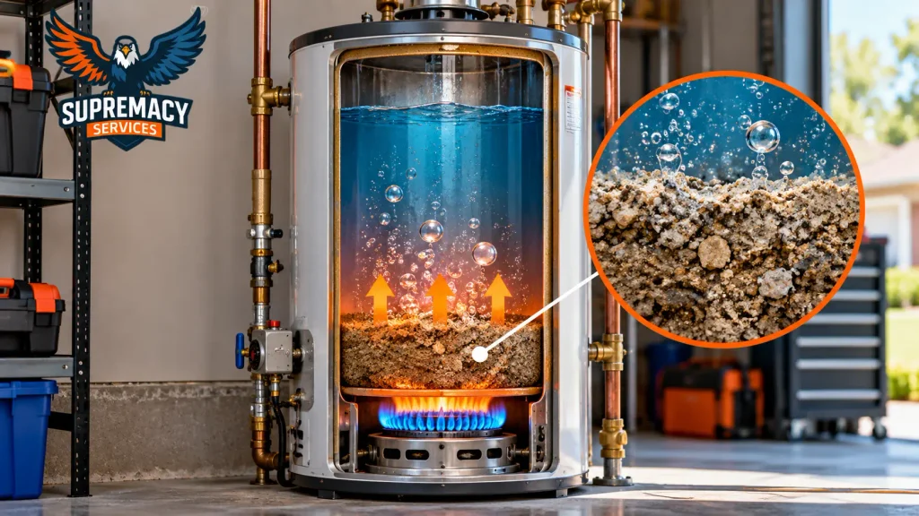 Cutaway of a tank water heater showing sediment buildup, trapped bubbles and heat causing popping noises