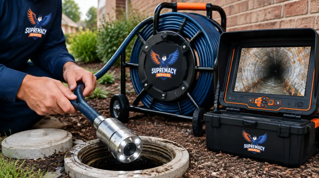 Waterproof sewer inspection camera with flexible cable, inspection reel and video monitor used to examine underground sewer pipes.