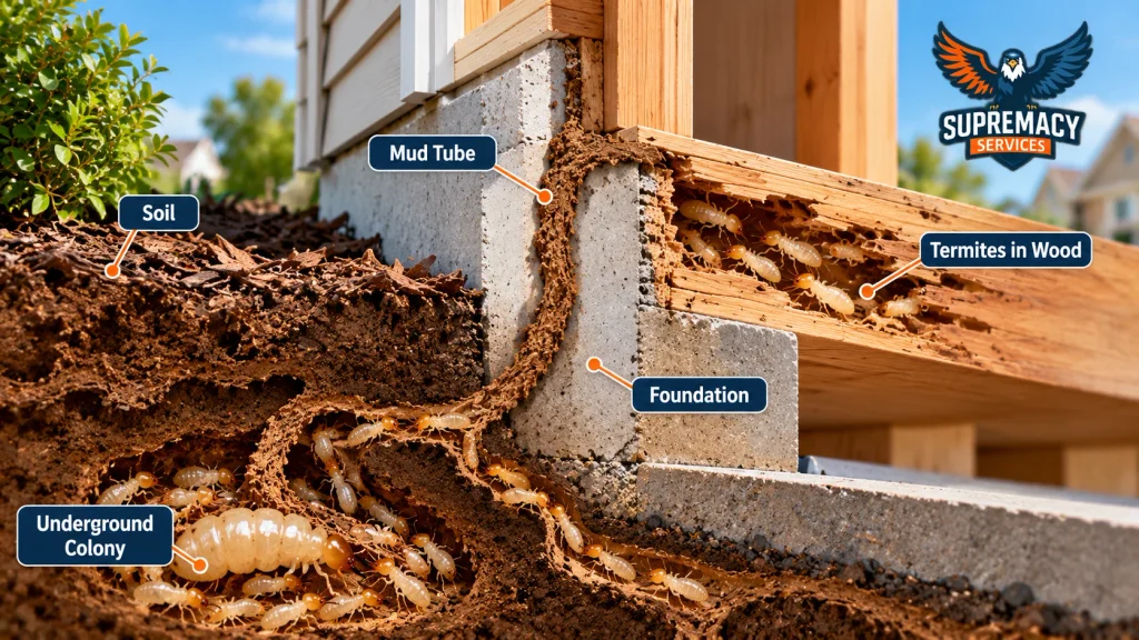 Cutaway diagram showing subterranean termites traveling from an underground colony through a mud tube into structural wood.