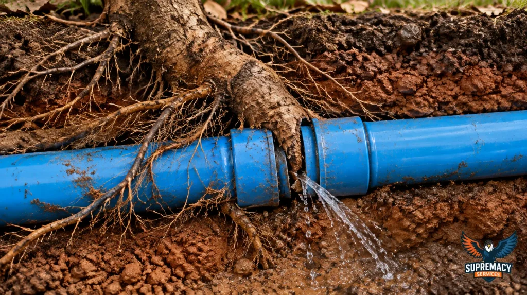 Close-up underground illustration showing tree roots pressing against a buried water pipe joint.