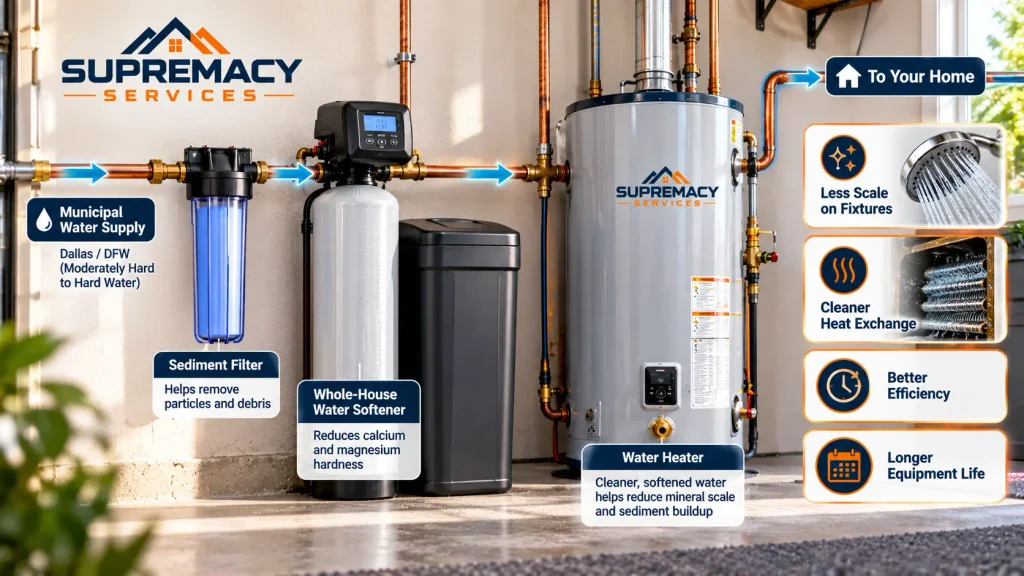 Whole-house water softener and sediment filter supplying treated water to a residential water heater