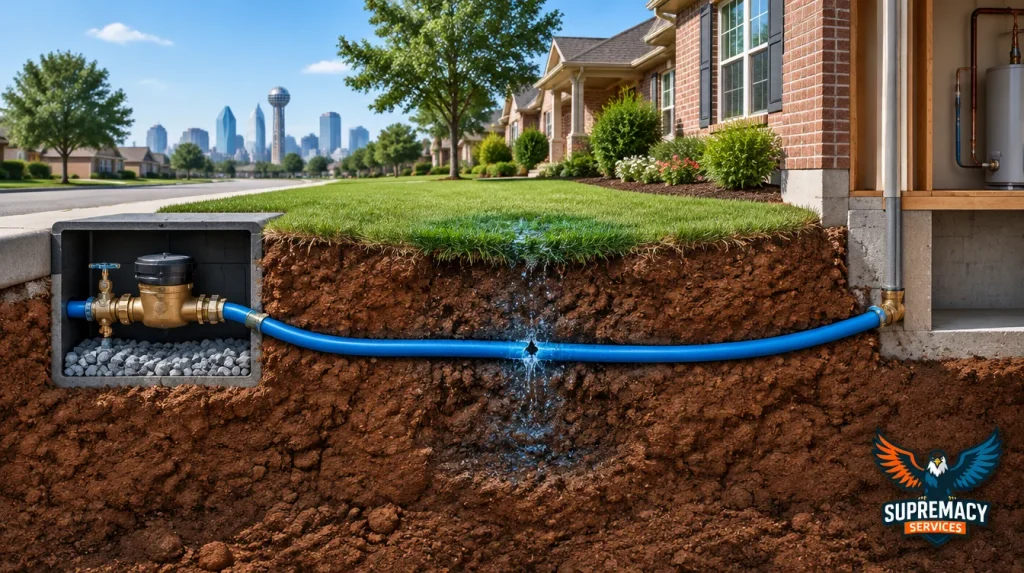 Underground cross-section showing a residential water meter, buried main water supply line, and leaking pipe beneath a Dallas home's front yard.