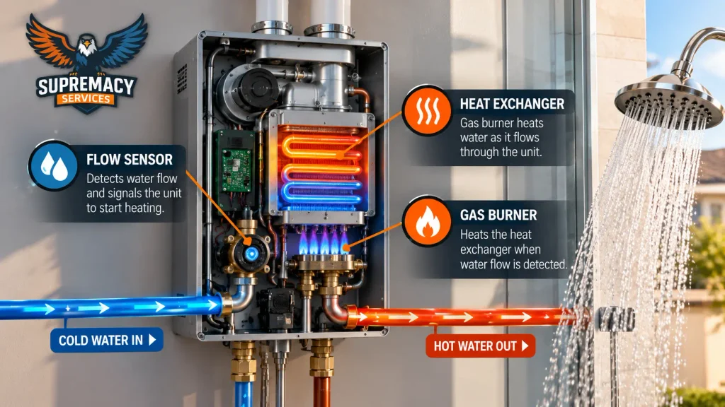 Diagram showing water flow activating the flow sensor, burner and heat exchanger inside a tankless water heater