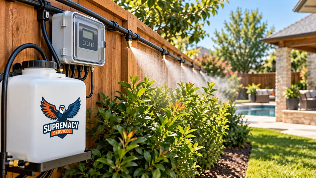 Outdoor mosquito misting system with reservoir, controller, tubing and spray nozzles installed along a backyard fence
