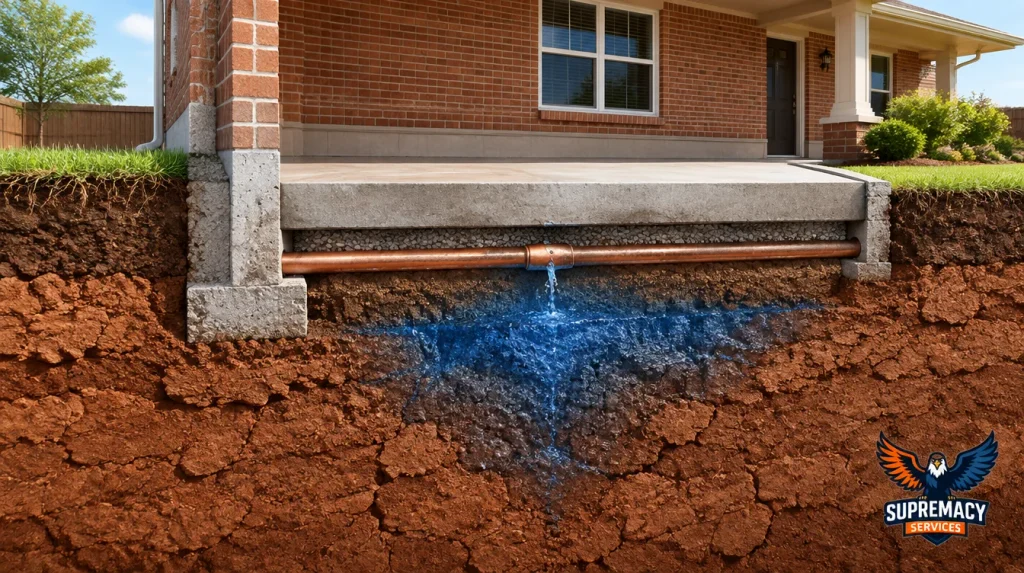 Cross-section illustration showing water leaking from an underground pipe into soil beneath a concrete slab foundation.