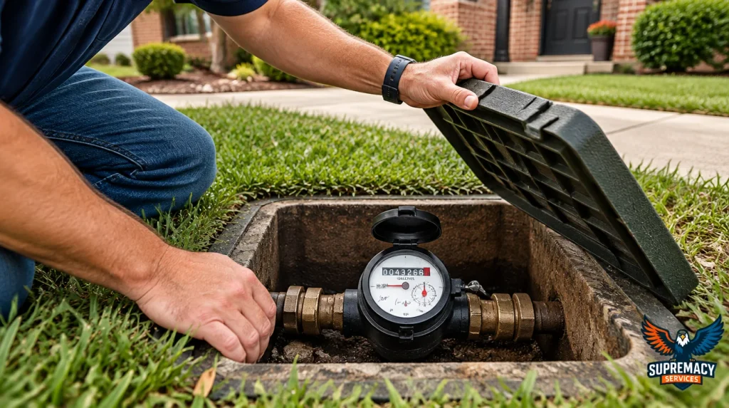 Homeowner inspecting an outdoor residential water meter to check for possible underground water line leaks in Dallas.