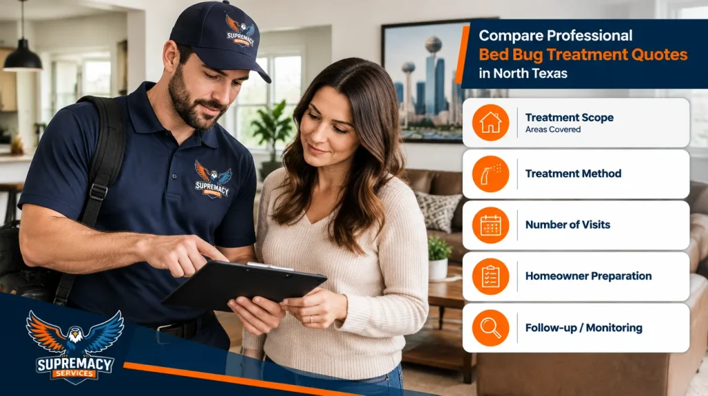 Homeowner and pest-control technician reviewing bed bug treatment scope, method, visits, preparation and follow-up