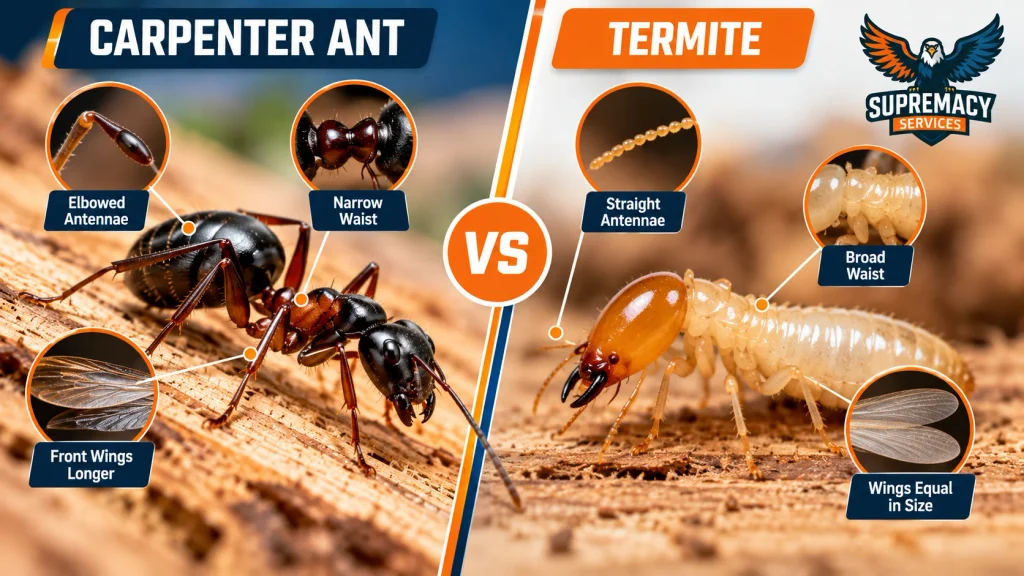 Carpenter ant and termite comparison showing differences in antennae, waist and wings