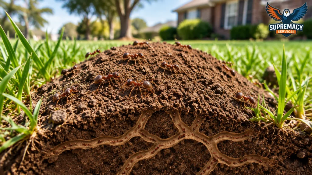 Reddish-brown fire ants emerging from a loose soil mound in a North Texas lawn.