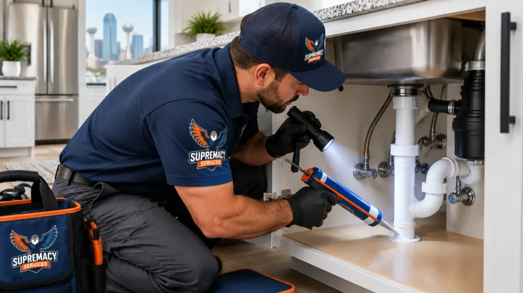 Pest control technician sealing plumbing gaps to prevent cockroaches in a North Texas home