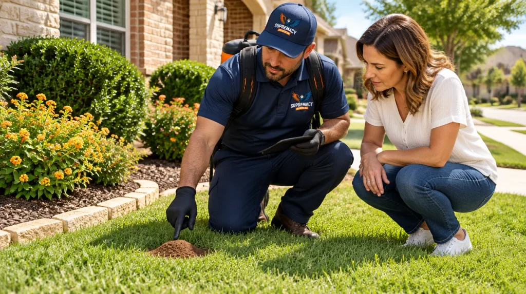 Pest control technician inspecting a North Texas yard for new fire ant activity and mounds.