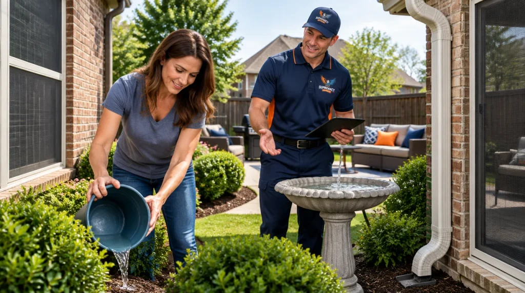 Homeowner removing standing water to help prevent mosquitoes in a North Texas backyard