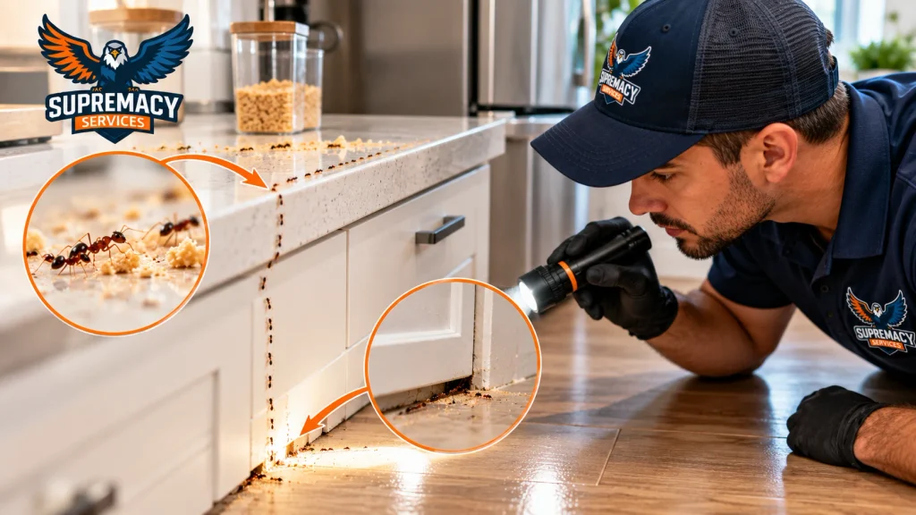 Pest-control technician following an ant trail from a kitchen countertop toward a cabinet and baseboard gap.